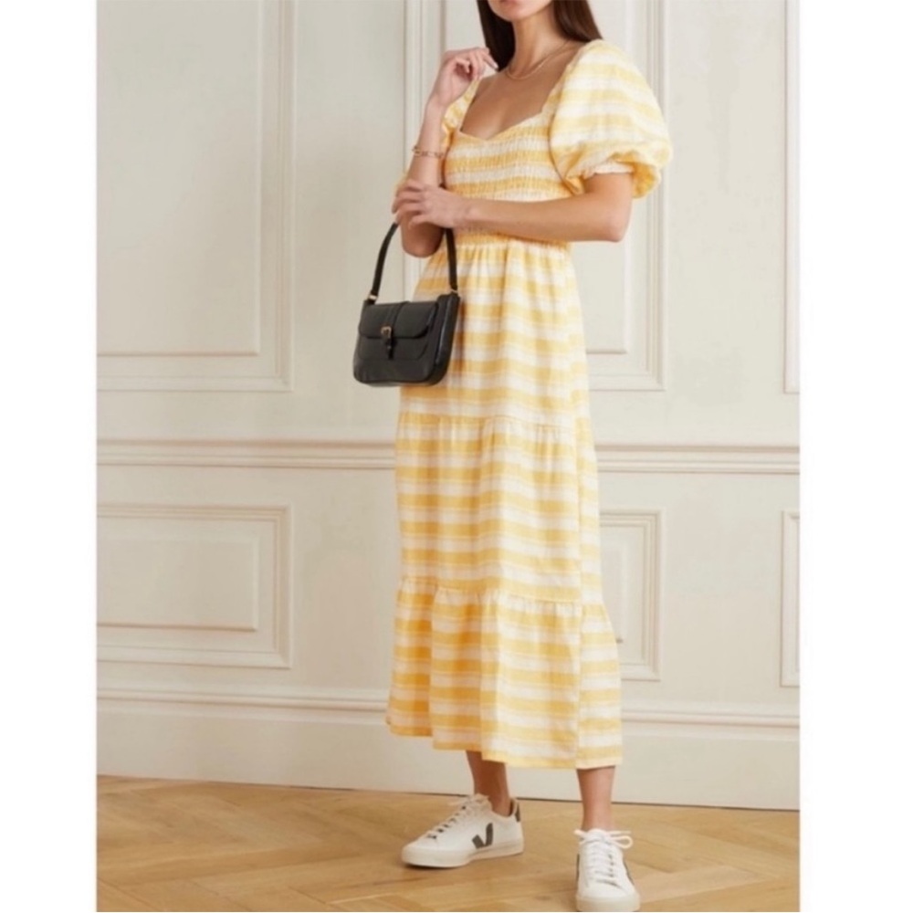 NWT FAITHFULL THE BRAND Gianna Shirred Checked Linen Midi Dress